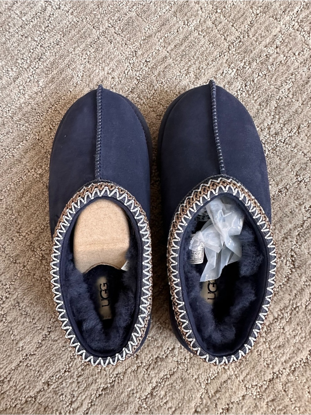 UGG size 6 Navy Tasman II Suede Cozy Slip-Ons with Decorative Stitching - NWT